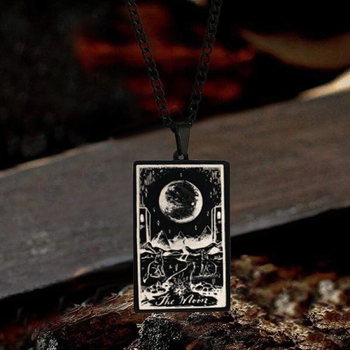 The Moon Major Arcana Tarot Stainless Steel Necklace - Black