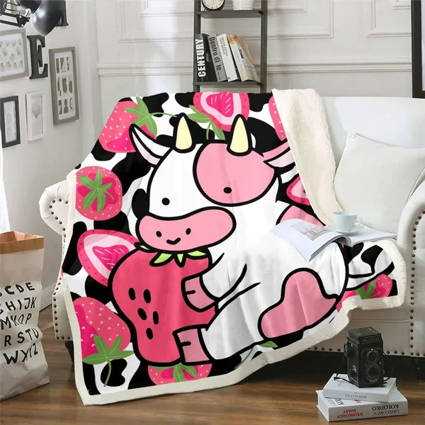 Cartoon Milk Cow Throw Blanket for Kids Girls Women Throw,Western Funny Animal Fleece Blanket Sweet Pink Strawberry Flannel Blanket Wildlife Farmhouse Cow Fuzzy Blanket Rustic Cabin Room Decor - Multi 19 Throw