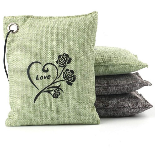 Bamboo Charcoal Air Purifying Bag, Charcoal Bags Odor Absorber, Car Air freshener Bag, Activated Bamboo Deodorizer, Charcoal Odor Eliminator for Home, Closet, Pet (4 * 200g) - Gray+Green