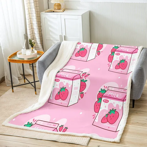 Manfei Strawberry Throw Blanket Cute Fruits Milk Print Fleece Blanket Kawaii Anime Design Bed Blanket for Kids Girls Room Decor, Soft Lightweight Luxury Flannel Blanket, Baby Size (30 x 40 Inches) - Cyj11871 30" x 40"