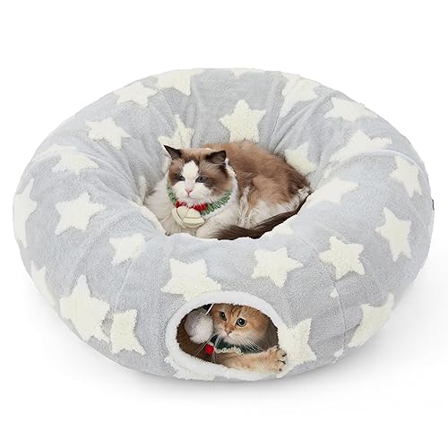 Lesure Cat Tunnel Bed for Indoor - Cute Cat Donut Tunnel with Washable Circle Cushion, Round Pet Peekaboo Cave Toy for Kitten/Puppy/Rabbit, Grey - Standard - Grey
