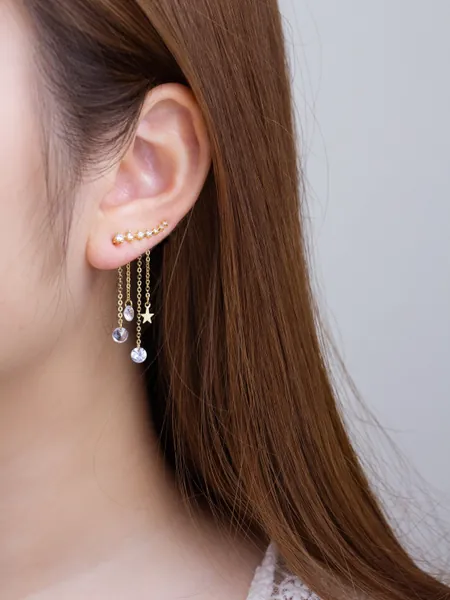 Two-Way Gold Star Ear Climber Earrings with Crystal Chain Tassel Ear Jacket Earring, Celestial Ear Climber Star Tassel Korean Kawaii Earring