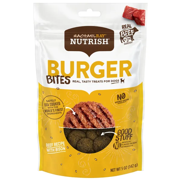 Rachael Ray Nutrish Burger Bites Real Meat Dog Treats, Beef Burger with Bison Recipe, 5 Ounces (Pack of 5), Grain Free - Burger Bites - Beef with Bison Burger 5 Ounce (Pack of 5)