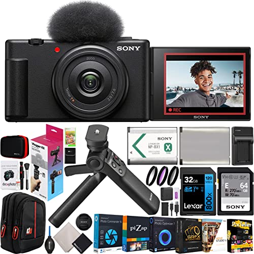 Sony ZV-1F Vlog Camera with 4K Video & 20.1MP for Content Creators and Vloggers Black ZV-1F/B Bundle with ACCVC1 Kit Including GP-VPT2BT Tripod/Grip + Deco Gear Case + Extra Battery & Accessories - Black - Content Creator Kit