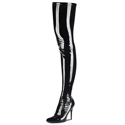 Women's Patent Leather PU Thigh High Boots Pointy Toe Side Zippe Fashion Comfy Sexy Stiletto High Heel Over The Knee Boots - 8 - Black