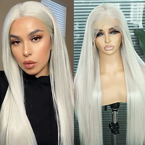 SAPPHIREWIGS 13×6 Platinum Blonde Lace Front Wigs Long Straight Hair #60 White Wig Synthetic Lace Front Wigs for Women Kanekalon Futura Hair Daily Party Halloween Use 26inch - Silvery White