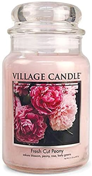 Village Candle Fresh Cut Peony Large Glass Apothecary Jar, Scented Candle, 21.25 oz., Light Pink