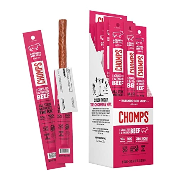 CHOMPS Grass Fed Spicy Habanero Beef Jerky Snack Sticks, Keto, Paleo, Whole30 Approved, Non-GMO, Gluten Free, Sugar Free, High Protein, 90 Calorie Snacks, 1.15 Oz Meat Stick, Pack Of 24 - Jalapeño Beef