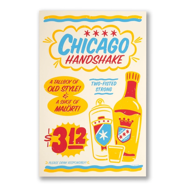 Chicago Handshake Printed Poster - 11&quot; x 17&quot; Poster - Old Style Poster, Malort Poster, Chicago Home decor, - Designed & Printed in Chicago
