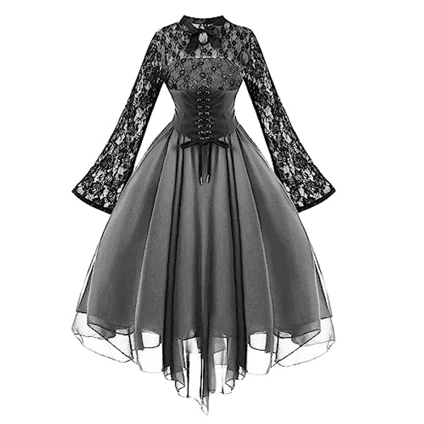 Women's Long Sleeve Gothic Dress with Corset Lace Swing Cocktail Dress Sexy Halloween Costumes 2023 - Flare Lace Sleeve# Gray Fairy Cosplay Dress - Large