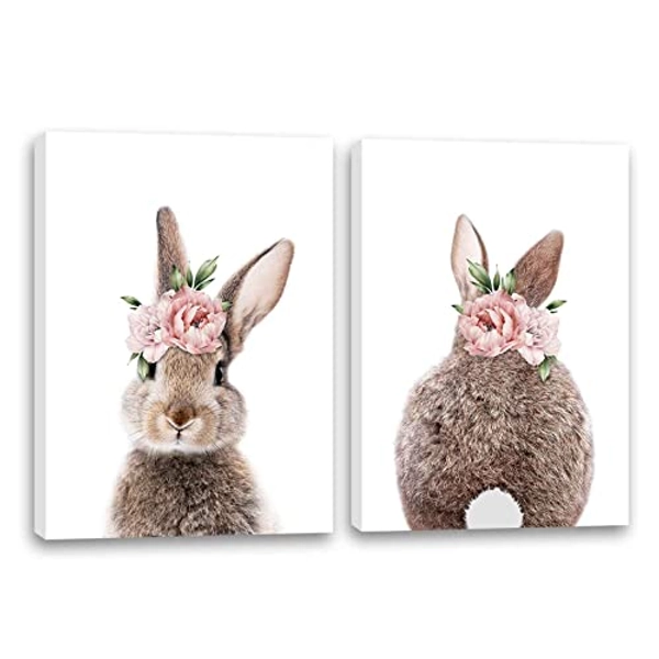 Girls Nursery Wall Art Bunny Rabbit with Pink Flower Crown Canvas Print Wall Decor Woodland Animal Posters Kids Room Set of 2 Bedroom Decoration Bunny Rabbit Pictures Framed Wall Art - Rabbit with Floral Crown - 12x16 inchesx2pcs