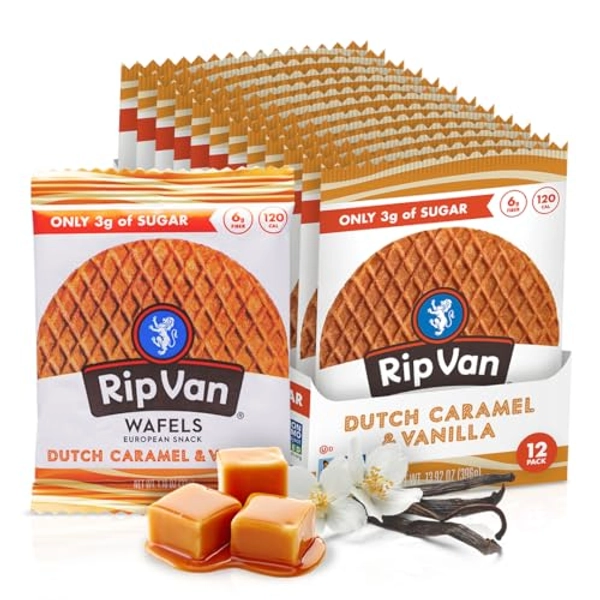 Rip Van WAFELS Dutch Caramel & Vanilla Stroopwafels, Healthy Non GMO, Low Calorie / Sugar Office Snacks, Keto Friendly, (3g), 12 Count (Packaging May Vary) - Dutch Caramel & Vanilla - 1.16 Ounce (Pack of 12)