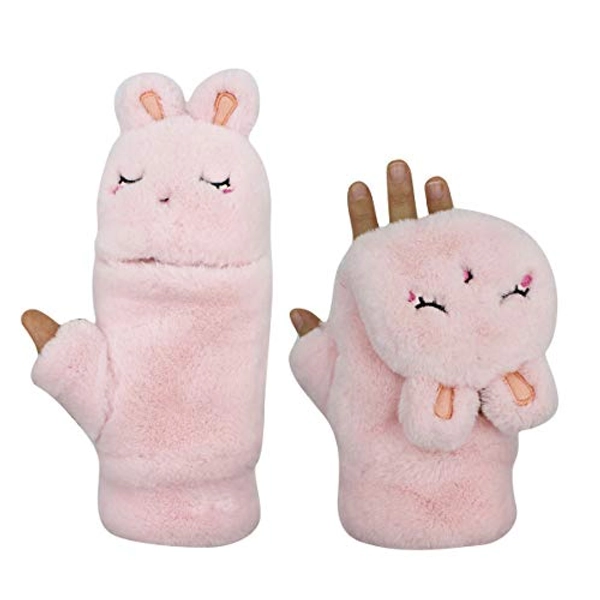 RARITYUS Women Girls Gloves Warm Soft Cute Cat Plush Convertible Flip Top Winter Fingerless Thick Mittens for Teen - Z Pink
