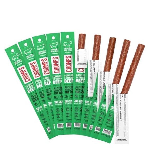 CHOMPS Grass Fed Beef Jerky Meat Snack Sticks, Keto, Paleo, Whole30 Approved, Low Carb, Sugar Free, Gluten Free, Non-GMO, Allergy Friendly Snacks, 1.15 Oz, Jalapeño Beef 10 Pack - Jalapeno Beef - 1.15 Ounce (Pack of 10)