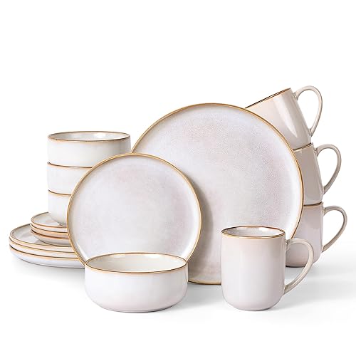 Homikit Dinner Set for 4, 16-Piece Reactive Glaze Kitchen Dinnerware Sets, Elegant Stoneware Included Plates Bowls and Mugs, Non-Scratch & Sturdy, Dishwasher & Microwave Safe, Cappuccino Beige - Cappuccino Beige