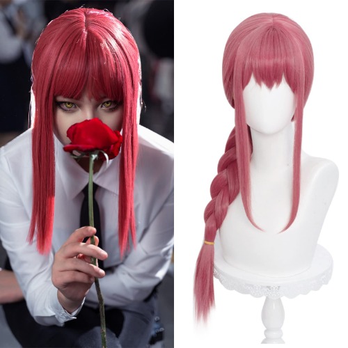 Long Pink Braids Wig for Makima Cosplay Anime Braided Wig with Bangs for Chainsaw Man Halloween Party Hair Wig + Free Cap