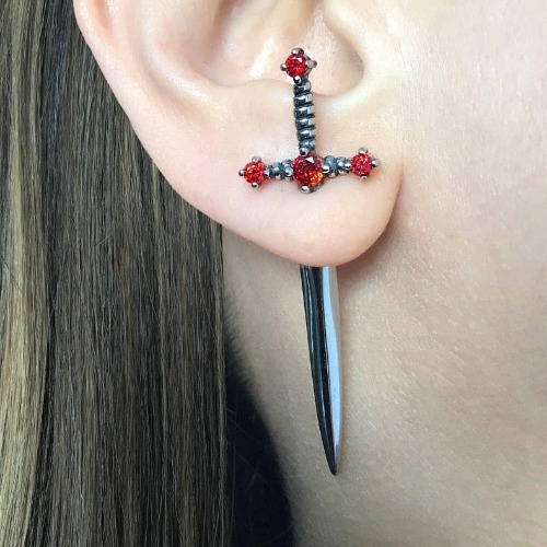 The Sword of Orion Rhinestone Studded Earrings - Red Silver