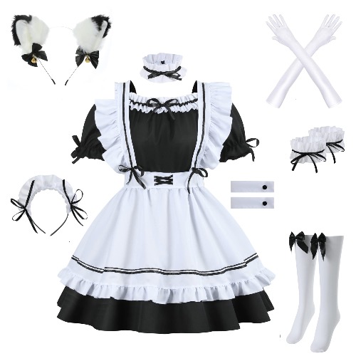 Catchcostume Cute Anime Dress French Maid Cosplay Costume Party Stage Cat Ear Gloves Socks 9 Set
