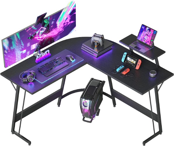 Cubiker L Shaped Desk, Computer Corner Desk, Gaming Desk with Monitor Stand, Home Office Study Writing Workstation, Space-Saving, Black - Black