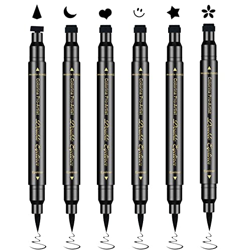 Ownest 6 Pcs Liquid Eyeliner Set,Double-Side Waterproof Smudge-proof Eyeliner Stamp Pen Eyeliner Tattoo Tool Makeup-Smiley, Triangle,Heart,Star,Moon,Flower - Black