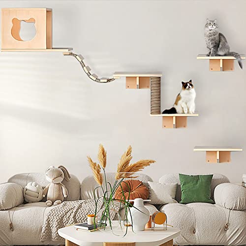Cat Wall Shelves, Shelves and Perches for Wall, Furniture Set 7 PCS Mounted with 1 Condos House, 4 Sisal Scratching Post, Ladder - A