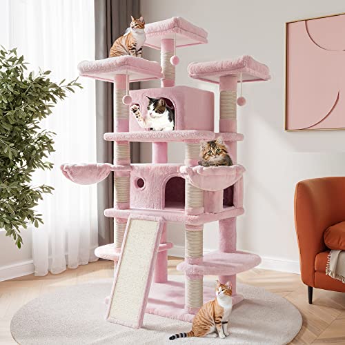 SHA CERLIN 68 Inches Multi-Level Large Cat Tree for Large Cats/Big Cat Tower with Cat Condo/Cozy Plush Cat Perches/Sisal Scratching Posts and Hammocks/Cat Activity Center Play House, Pink - Pink