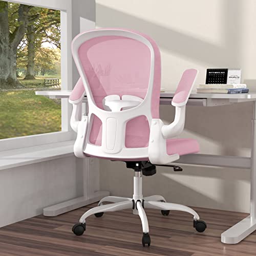 Ergonomic Office Chair, Comfort Swivel Home Office Task Chair, Breathable Mesh Desk Chair, Lumbar Support Computer Chair with Flip-up Arms and Adjustable Height - Pink