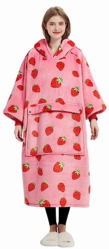 KFUBUO Wearable Blanket Hoodie for Adult Long Sherpa Strawberry Patterns Oversized Sweatshirt Blanket with Pockets Birthday Gifts for Women - Printing-strawberry - Adult-Extra Long