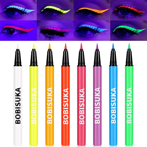 BOBISUKA 8 Colors UV Neon Liquid Eyeliner Set, Matte Colored Eyeliners Pen, Colorful Waterproof Smudge-proof Pigmented Graphic Liners, Delineadores de Colores Para Ojos Eye Makeup Gift Kit - UV Neon Eyeliner Kit