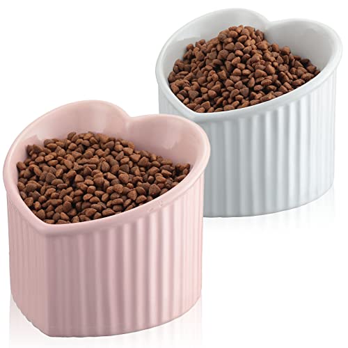 Mumufy 2 Pcs Ceramic Elevated Cat Bowls Tilted Elevated Raised Cat Bowls Anti Vomit Cat Bowls for Indoor Cats Stress Free Water Dish Feeder for Cats Puppies, Heart Shaped(Pink, White) - Pink, White