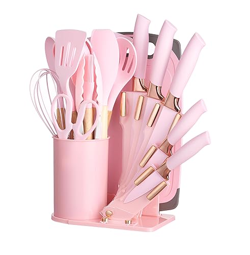 Kitchen Utensils Set - Silicone Cooking Utensils, Non-Toxic Spatula Set, Kitchen Tools, Cutting Board, Pink cooking utensils set (Pink, 19 Pieces HQ) - Pink