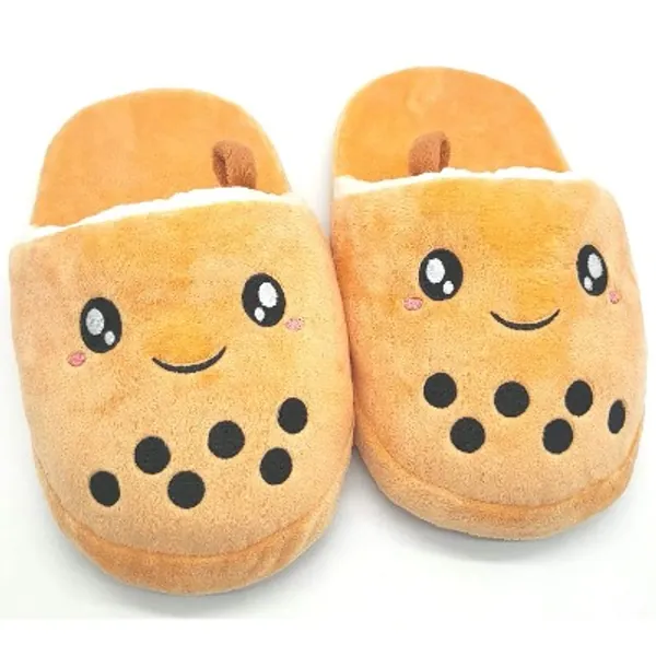 Glopastel Boba Slippers | Cute Anime Kawaii Bubble Tea Fuzzy Slip-On House Shoes | One Size Adults Women Men (Beige)