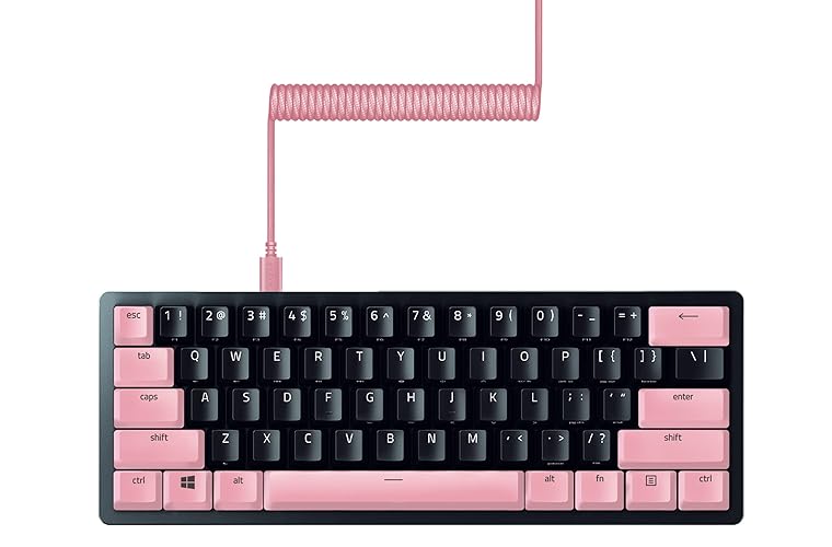 Razer Huntsman Mini 60% Gaming Keyboard + PBT Keycap + Coiled Cable Upgrade Set Bundle: Classic Black/Linear Optical - Quartz Pink - Keyboard + PBT Keycap + Coiled Cable Upgrade Set - Black Keyboard, Pink Upgrade Set - Linear Optical Switch