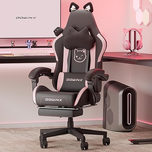 Dowinx Gaming Chair Cute with Cat Ears and Massage Lumbar Support, Ergonomic Computer Chair for Girl with Footrest and Headrest, Comfortable Reclining Game Chair 290lbs for Adult, Teen, Black - Black and Pink