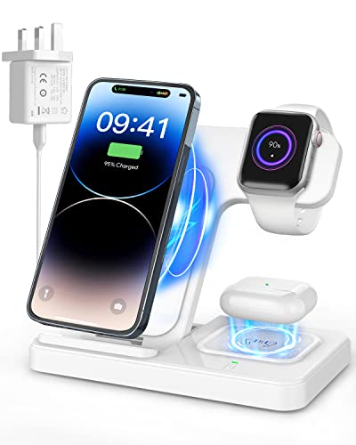 VESSTT 3 in 1 Wireless Charger, Foldable Charging Station Dock iPhone 14/13/12/11/SE/X/8 and Apple Watch Ultra/8/7/6/SE/3/2, AirPods Pro/Pro2/2/3(Q3.0 Adapter Included) - White