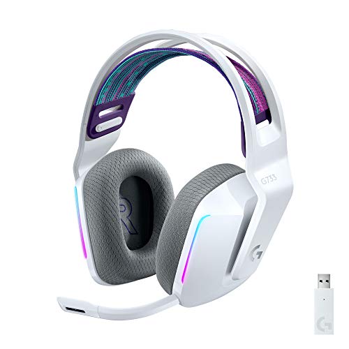 Logitech G733 LIGHTSPEED Wireless Gaming Headset with suspension headband, LIGHTSYNC RGB, Blue VO!CE mic technology and PRO-G audio drivers, Lightweight, 29 Hour battery life, 20m range - White - G733 - White