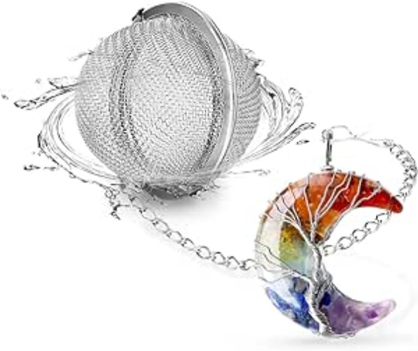 NSTagate Tea Infuser Loose Leaf Tea Steeper 7 Chakra Healing Crystal Tree Life Wire Wrapped Crescent Moon Pendant Tea Strainers for Loose Tea Natural Reiki Spiritual Quartz Gemstone Tea Ball