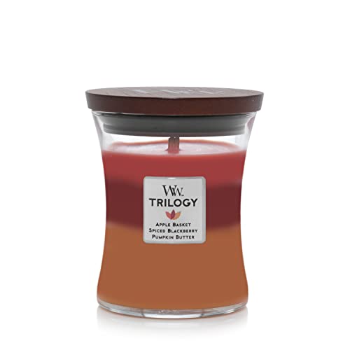 WoodWick Medium Hourglass Candle, Autumn Harvest - Premium Soy Blend Wax, Pluswick Innovation Wood Wick, Made in USA - Autumn Harvest Trilogy - Medium