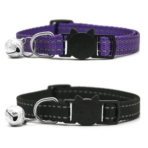 HUIMALL 2 Pack Cat Collar with Bell, Reflective Collars Adjustable Pet Kitten Necklace Purple Kitty Breakaway Buckle Nylon Safe Strap Fit All Domestic Cats and Small Pets black+purple