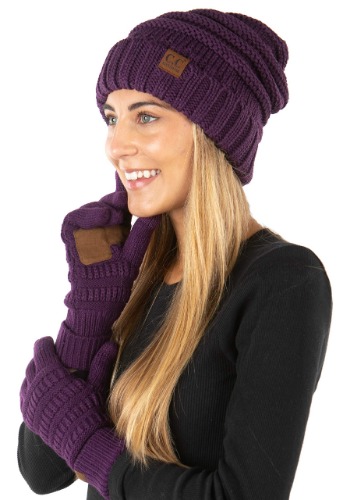 Funky Junque Exclusives Oversized Slouchy Beanie Bundled with Matching Lined Touchscreen Glove - purple
