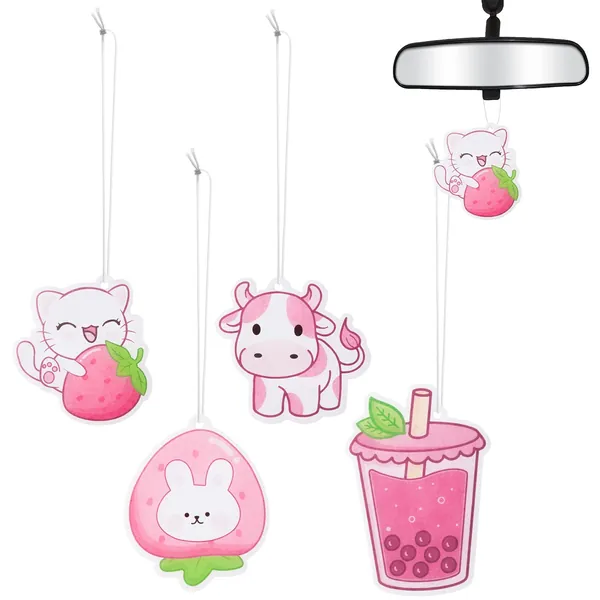 Car Air Freshener Kawaii Strawberry Incense Chips Scented Ornament, Car Rearview Mirror Pendant, 4 Styles and Scents Of Bubble Tea Strawberry Milk Hanging Ornament Vent Decoration Cute Aromatic For Party Supplies - Strawberry Fresheners