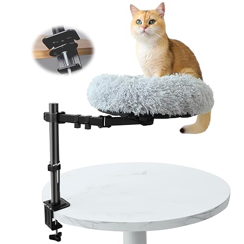 HengLiSam Schreibtisch Katzenbett Halterung, Holz katzenhöhle für Tisch mit Drehbar höhenverstellbaren Metallhalterung Kuschelig weiches Plüsch Kissen Haustiere Katze Betten, für Homeoffice Büro