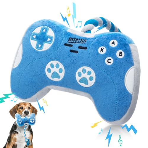 MTERSN Cute Squeaky Dog Toys : Blue Game Controller Plush Dog Toy and Funny Puppy Chew Toys with Full Crinkle Paper - Cool Dog Birthday Toys for Small, Medium and Large Dogs - Blue