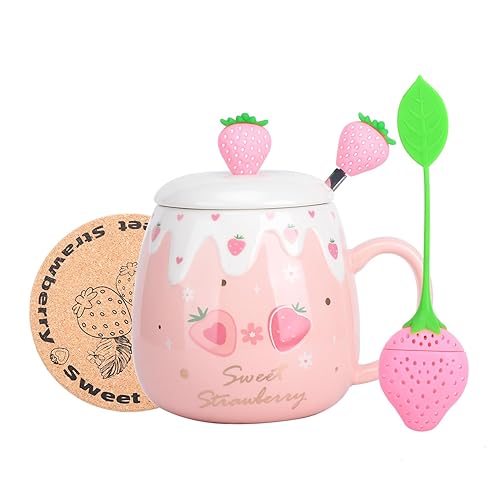 XinHuiGY Pink Mug,Cute Strawberry Cup with Lid,Spoon and Coaster,Ceramic Coffee Mug, Kawaii Cup for Tea Milk,Women Girls Student Korean Style 450ML Christmas Birthday Gift - Samll Strawberry