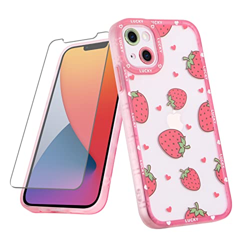 MZELQ Compatible with iPhone 14 Case Pink Strawberry Cute Pattern Soft TPU Case for Girls Women + 1* Screen Protector, Camera Hole Protective Phone Case - iPhone 14 - Strawberry