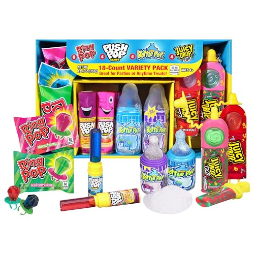 Bazooka Candy Brands, Back to School Lollipop Variety Pack w/ Assorted Flavors of Ring Pop, Push Pop, Baby Bottle Pop, and Juicy Drop Pop (18Count Box) - Lollipop Variety Box - 18 Ct