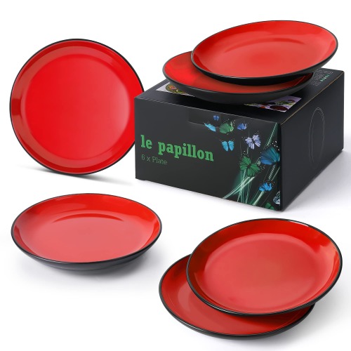 MIAMIO – 6 x Plate / Dinner Plate Set Stoneware Ceramic Tableware Set - Le Papillon Collection (20,5 cm, Red) - 20,5 cm Red