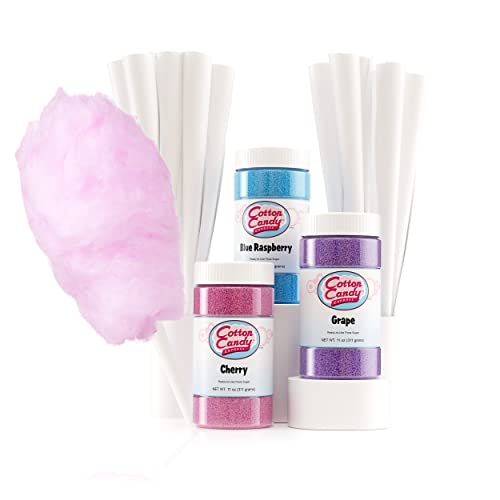 Cotton Candy Express Floss Sugar Variety Pack with 3 - 11oz Plastic Jars of Cherry, Blue Raspberry & Grape Flossing Sugars Plus 50 Paper Cotton Candy Cones - Cherry, Grape, Blue Raspberry