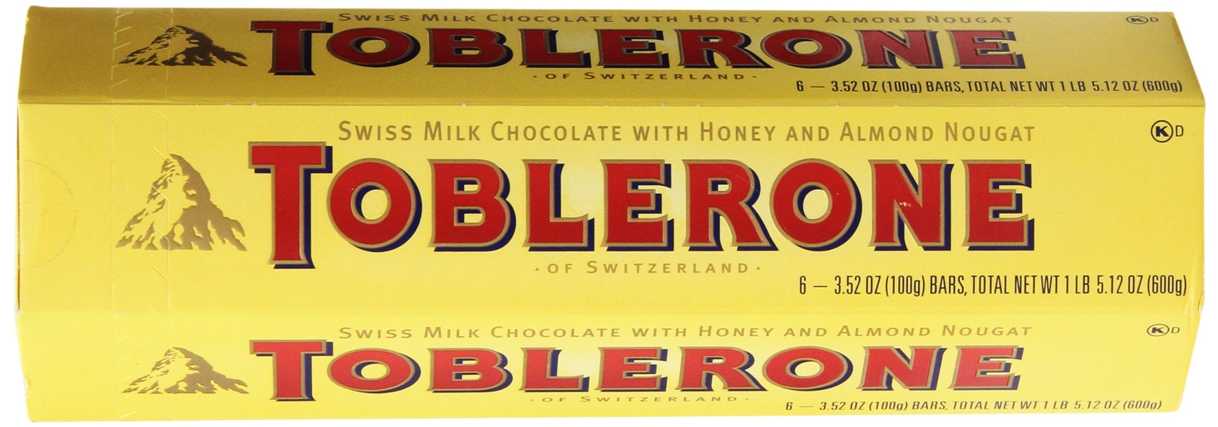 Toblerone Swiss Milk Chocolate with Honey and Almond Nougat, 6 - 100g Bars, Total Net Wt 600g, 3.52 Ounce (Pack of 6)