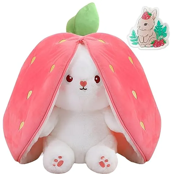 ILOVETEEPEE 10inch Kawaii Strawberry Bunny Plush Reversible Easter Bunny Stuffed Animal Cute Squishy Rabbit Plush Pillow Best Companion Gift for Kids to Hug and Play